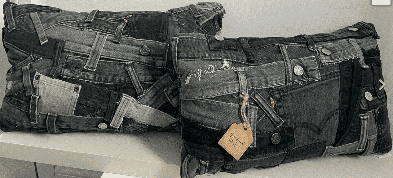 2 Designer Art Cushions London Trendy Collage Deconstructed Levi’s Jeans Unique
