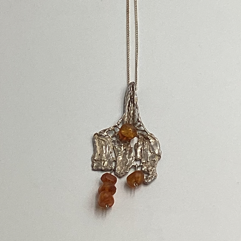 Modernist Mid Century Necklace | Abstract Sterling Silver Amber Droplet Pendant