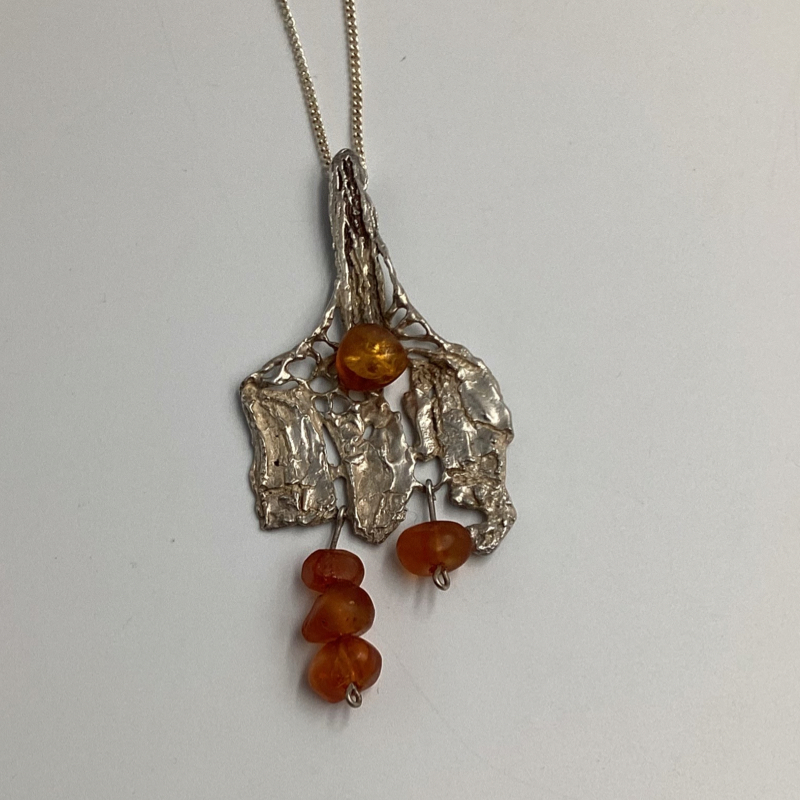 Modernist Mid Century Necklace | Abstract Sterling Silver Amber Droplet Pendant