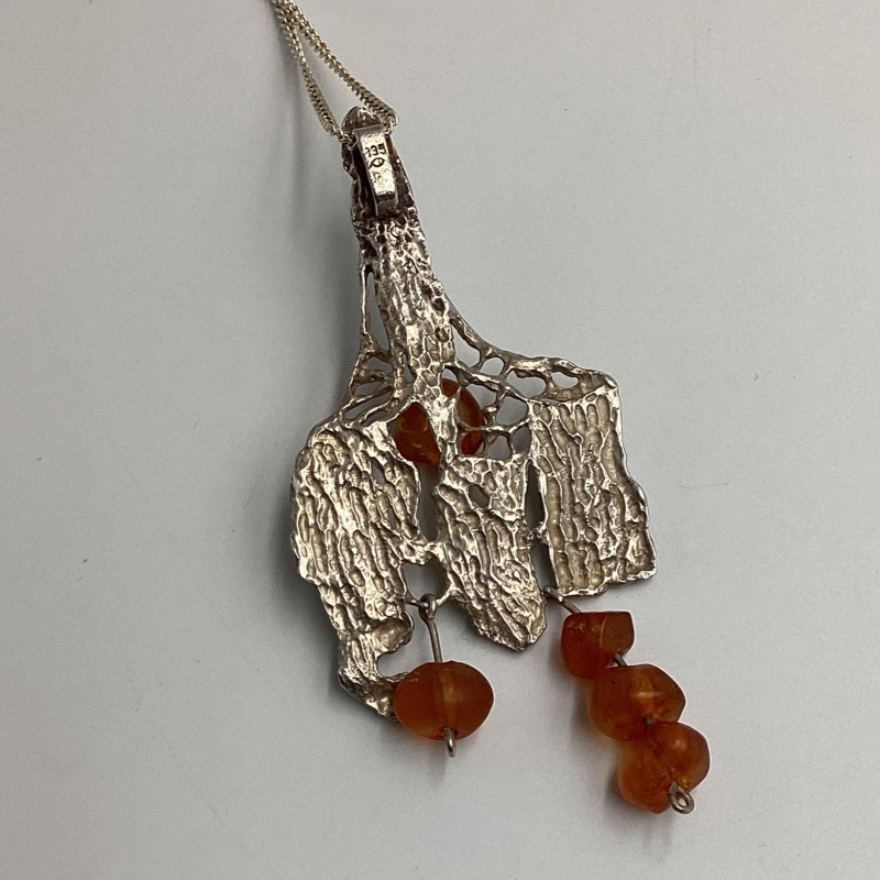 Modernist Mid Century Necklace | Abstract Sterling Silver Amber Droplet Pendant