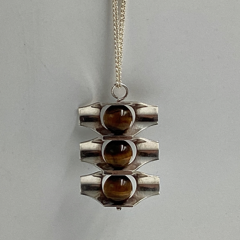 Finland Kultaseppä Salovaara Necklace | Modernist Silver Pendant with Tiger’s Eye Stones