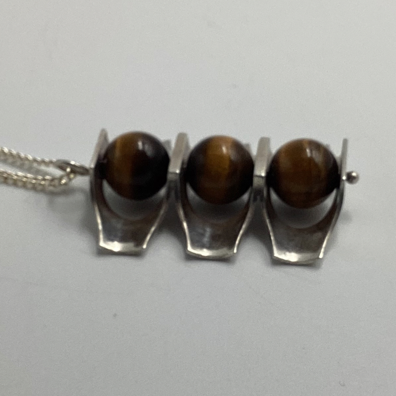 Finland Kultaseppä Salovaara Necklace | Modernist Silver Pendant with Tiger’s Eye Stones