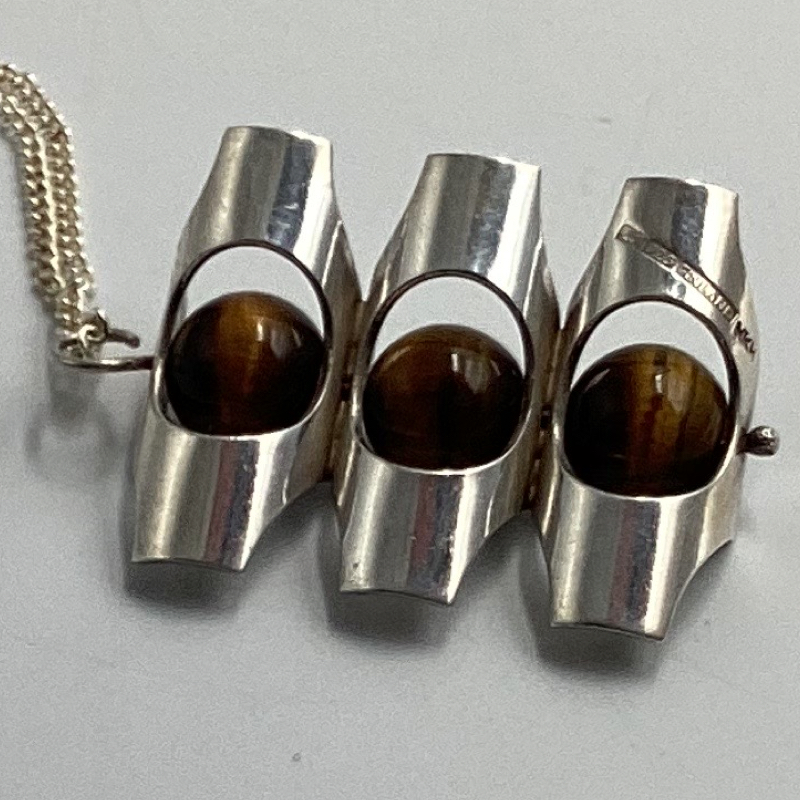 Finland Kultaseppä Salovaara Necklace | Modernist Silver Pendant with Tiger’s Eye Stones