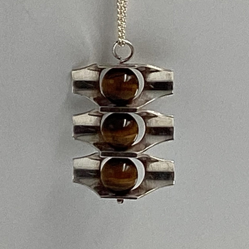 Finland Kultaseppä Salovaara Necklace | Modernist Silver Pendant with Tiger’s Eye Stones