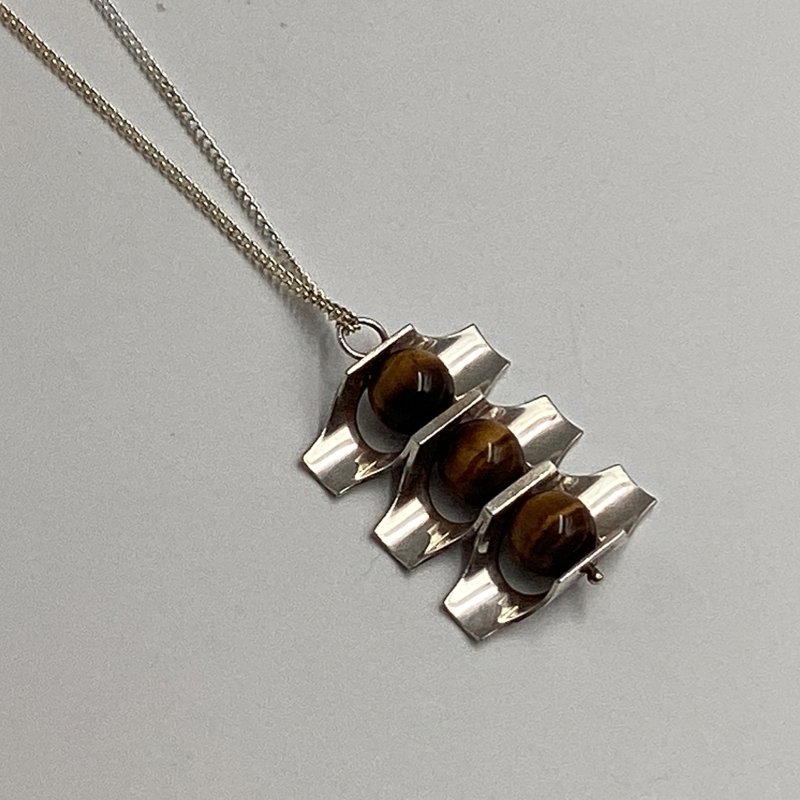 Finland Kultaseppä Salovaara Necklace | Modernist Silver Pendant with Tiger’s Eye Stones
