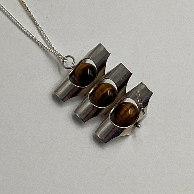 Finland Kultaseppä Salovaara Necklace | Modernist Silver Pendant with Tiger’s Eye Stones