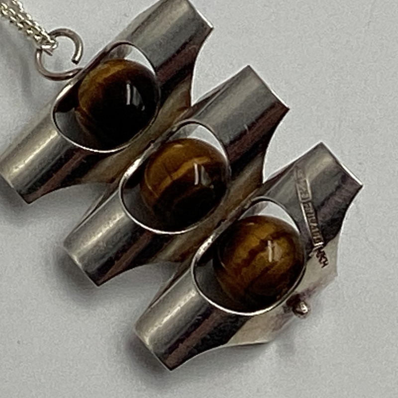 Finland Kultaseppä Salovaara Necklace | Modernist Silver Pendant with Tiger’s Eye Stones