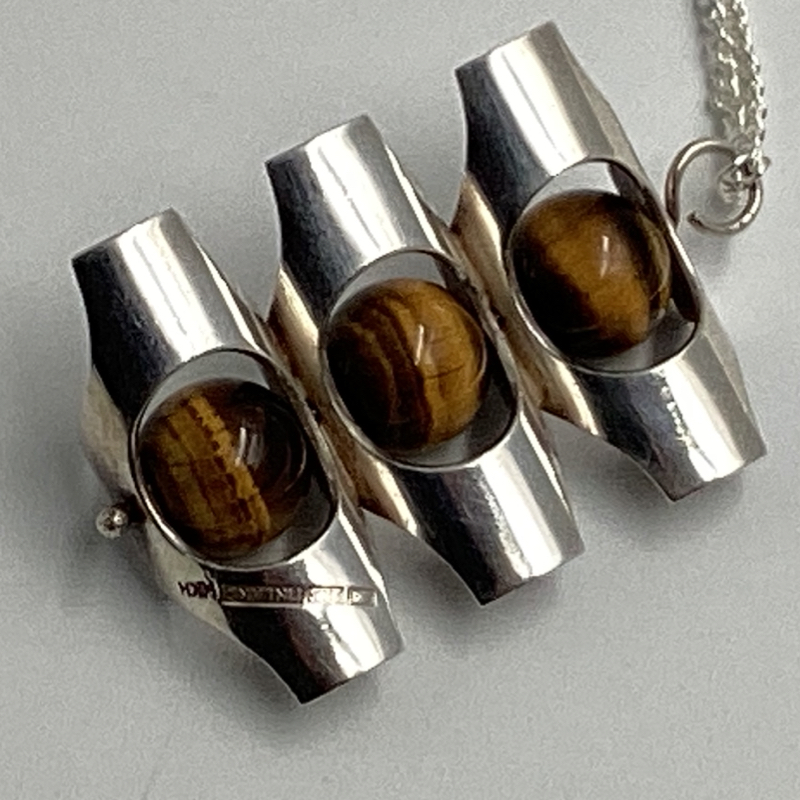 Finland Kultaseppä Salovaara Necklace | Modernist Silver Pendant with Tiger’s Eye Stones