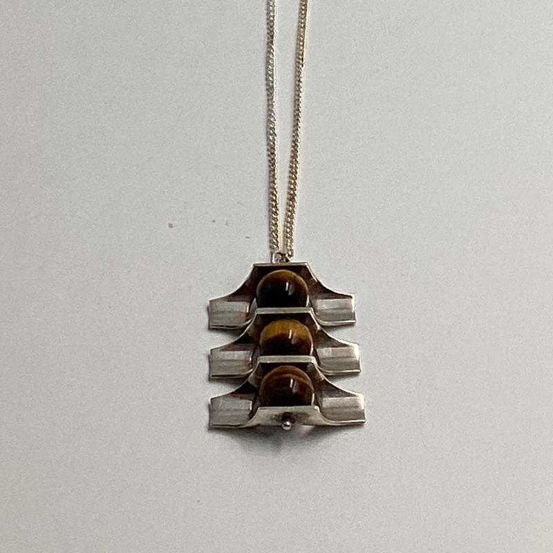 Finland Kultaseppä Salovaara Necklace | Modernist Silver Pendant with Tiger’s Eye Stones