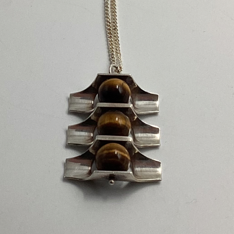 Finland Kultaseppä Salovaara Necklace | Modernist Silver Pendant with Tiger’s Eye Stones
