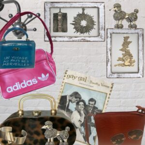 Modernist abstract silver jewellery alongside vintage handbags and vintage stockings from Pop My Cherry vintage shop
