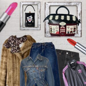 Two unusual vintage handbags displayed with a women’s fur coat, denim jacket, and Adidas tracksuit top at Pop My Cherry vintage boutique