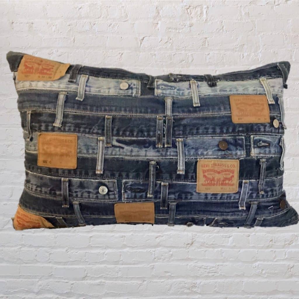 Vintage Levi's abstract Pillow | Blue Denim Retro Cushion Studs & waistbands