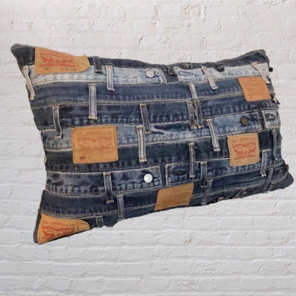 Vintage Levi's abstract Pillow | Blue Denim Retro Cushion Studs & waistbands