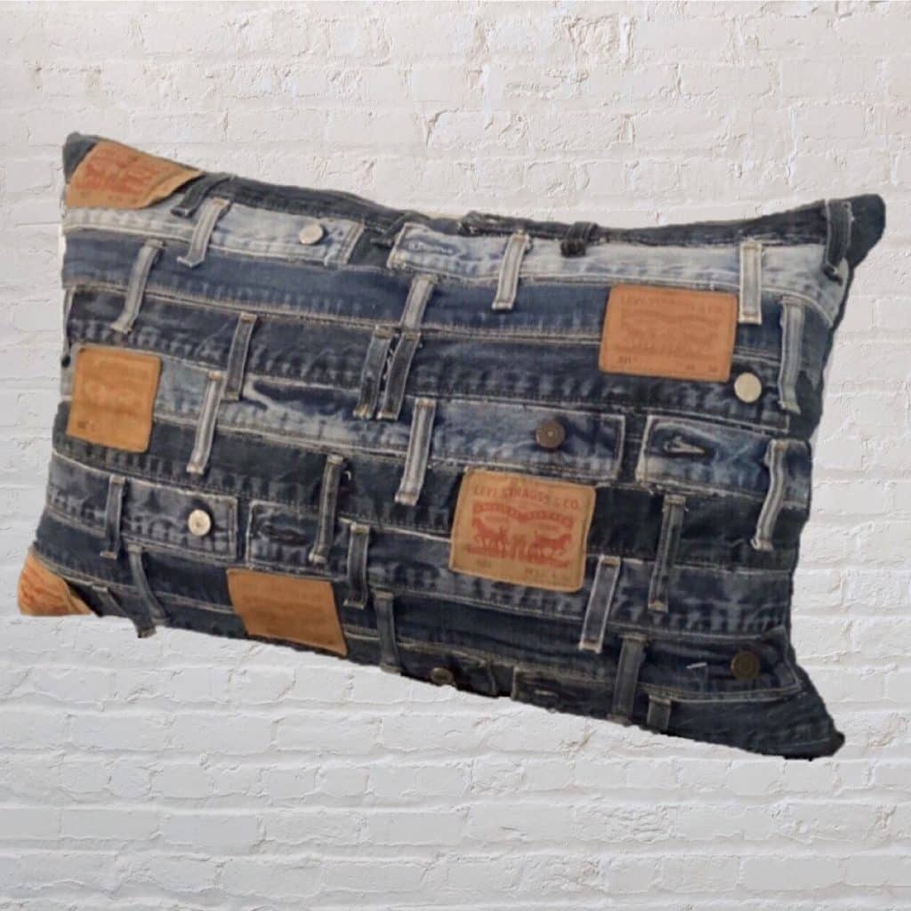 Vintage Levi's abstract Pillow | Blue Denim Retro Cushion Studs & waistbands