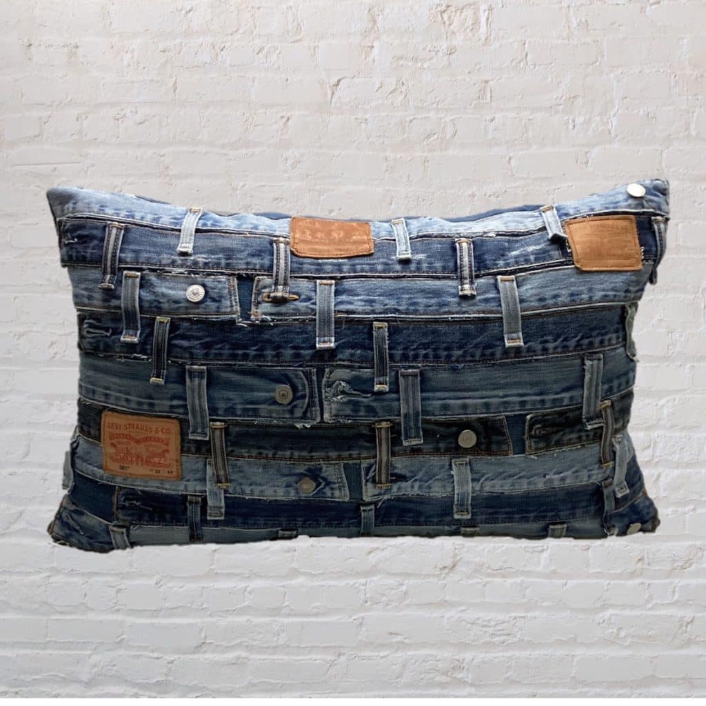 Retro abstract Levi's Pillow | Blue Denim vintage Cushion Studs & waistbands