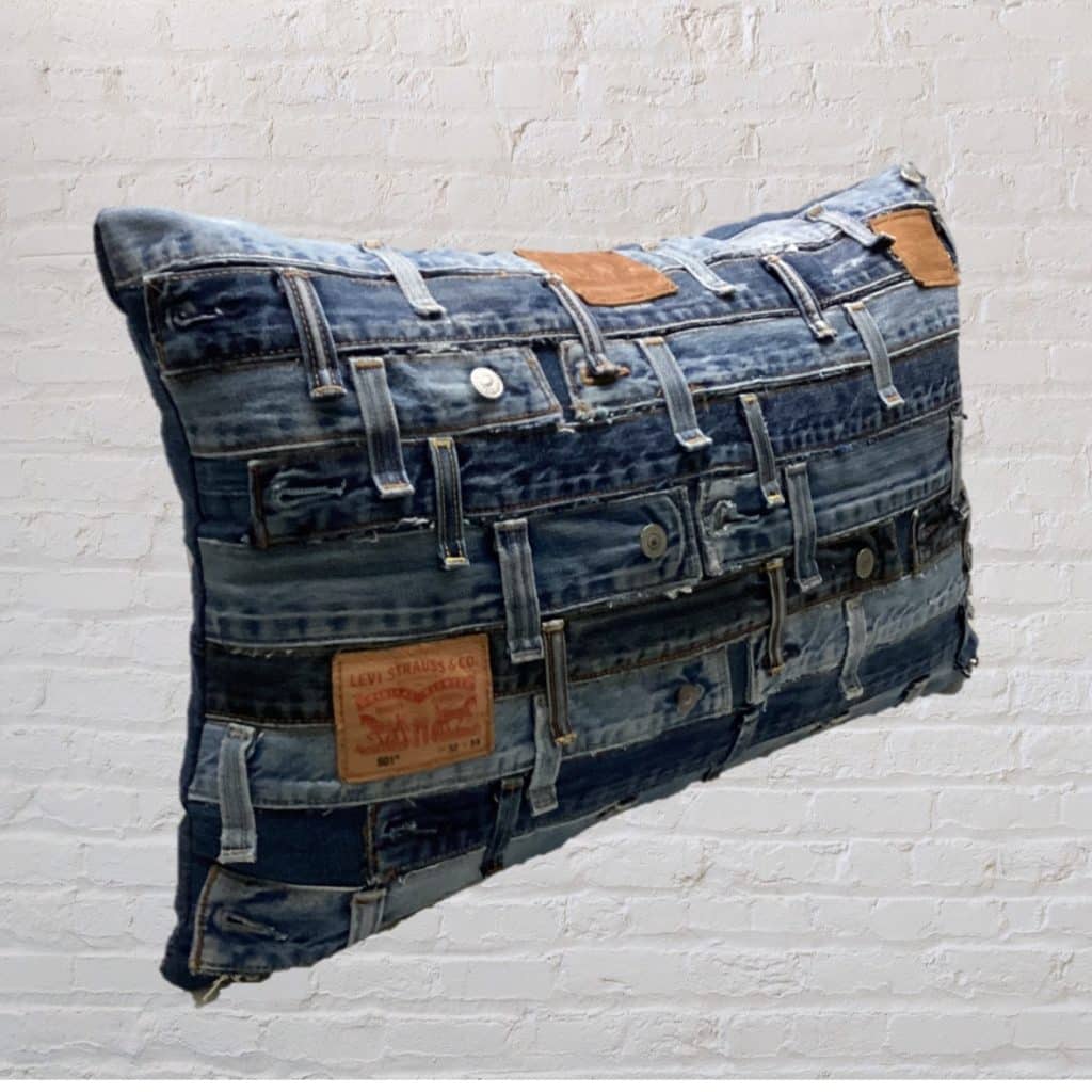 Retro abstract Levi's Pillow | Blue Denim vintage Cushion Studs & waistbands