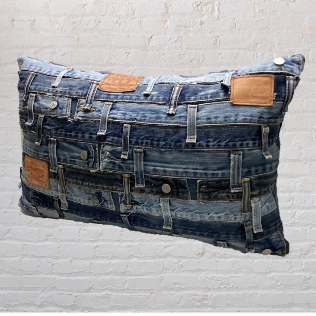 Retro abstract Levi's Pillow | Blue Denim vintage Cushion Studs & waistbands