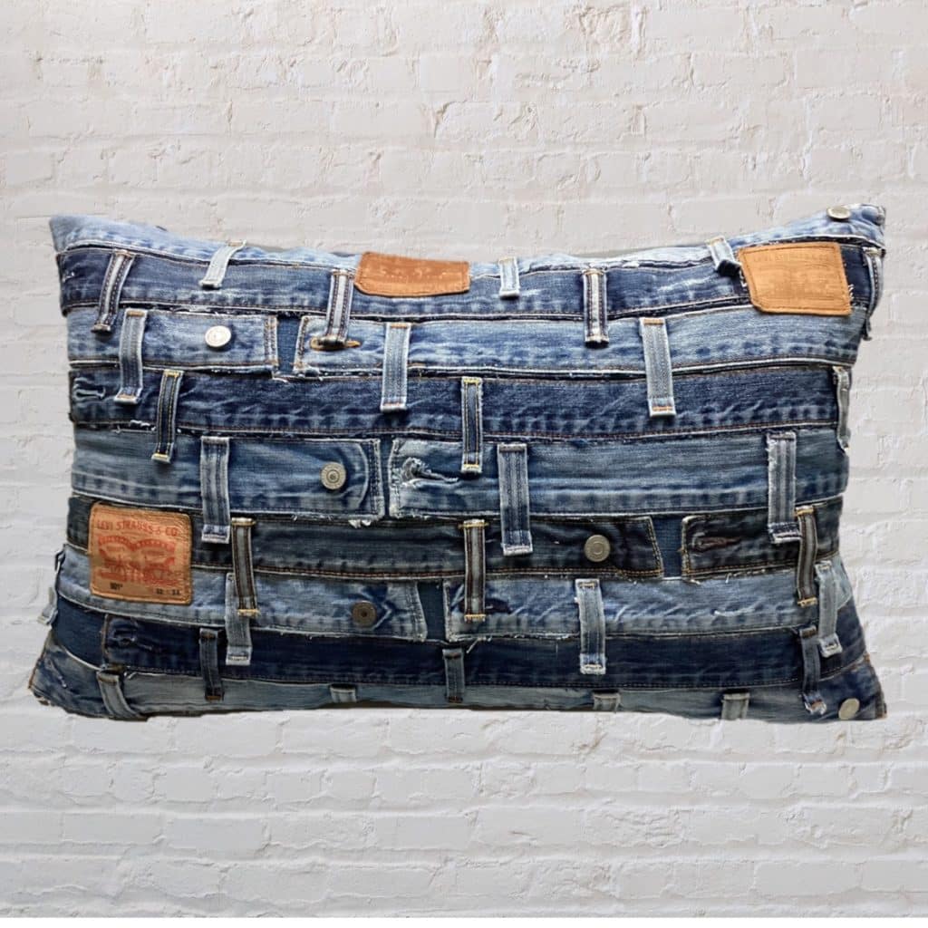 Retro abstract Levi's Pillow | Blue Denim vintage Cushion Studs & waistbands