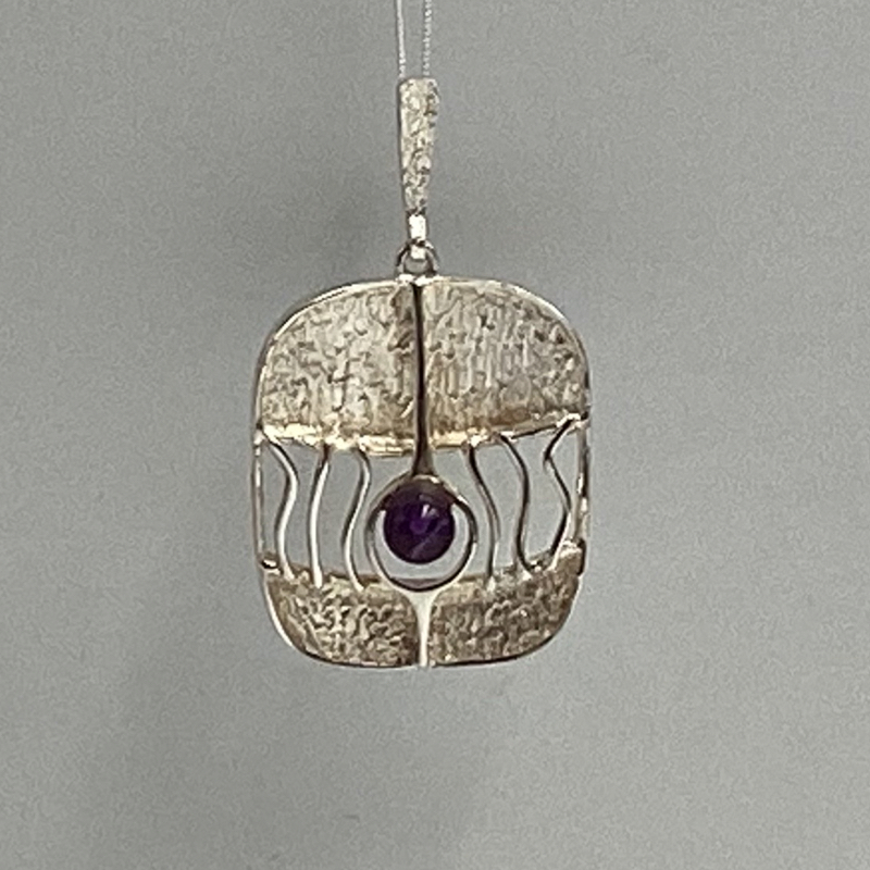 Mid-Century Modernist Silver Pendant with Amethyst | German 835 Silver Abstract Necklace