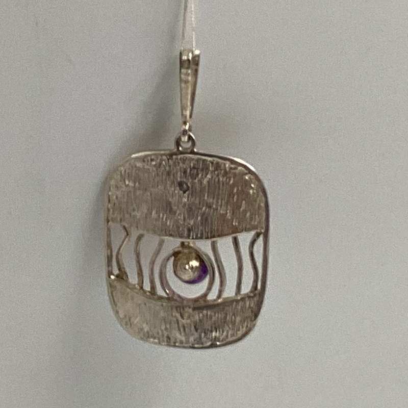 Mid-Century Modernist Silver Pendant with Amethyst | German 835 Silver Abstract Necklace