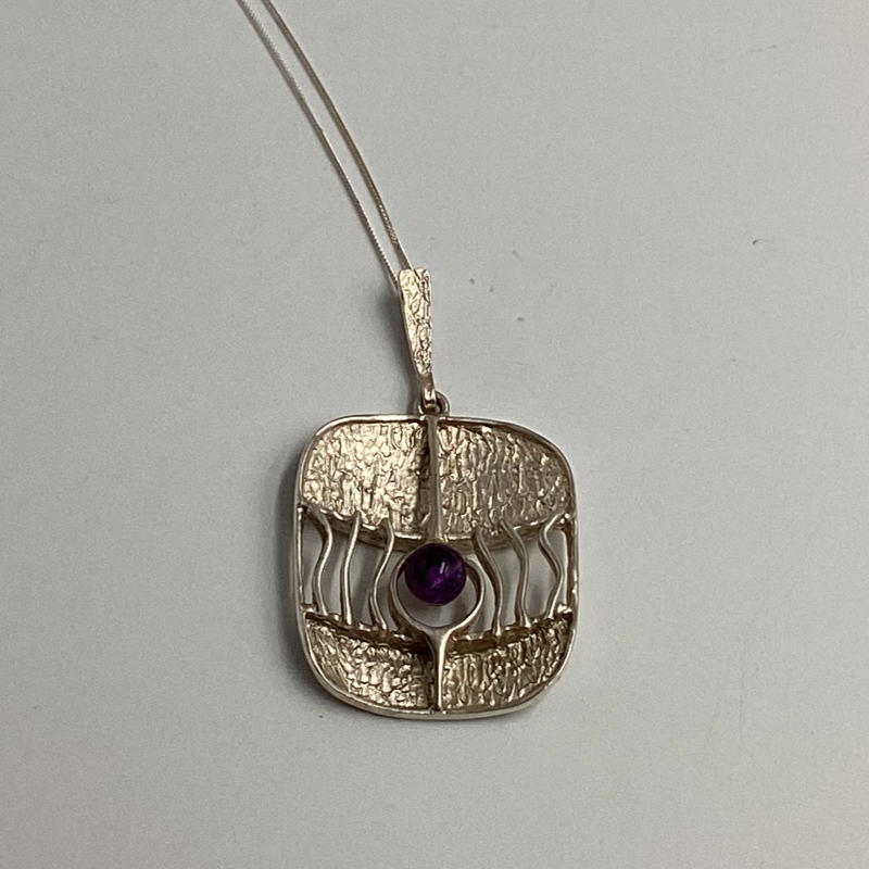 Mid-Century Modernist Silver Pendant with Amethyst | German 835 Silver Abstract Necklace