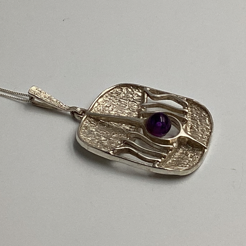 Mid-Century Modernist Silver Pendant with Amethyst | German 835 Silver Abstract Necklace