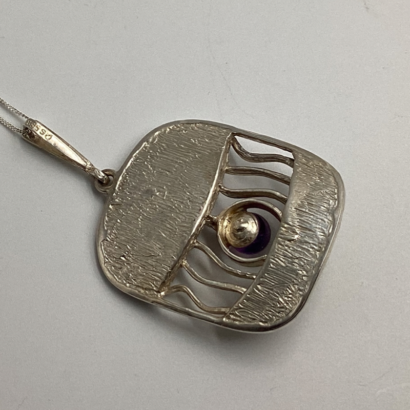 Mid-Century Modernist Silver Pendant with Amethyst | German 835 Silver Abstract Necklace