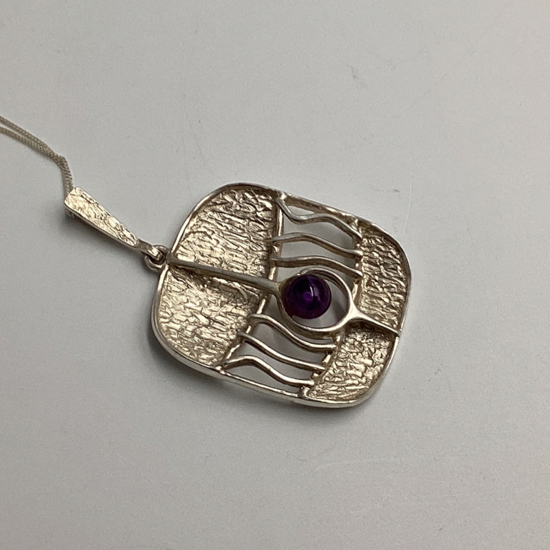 Mid-Century Modernist Silver Pendant with Amethyst | German 835 Silver Abstract Necklace