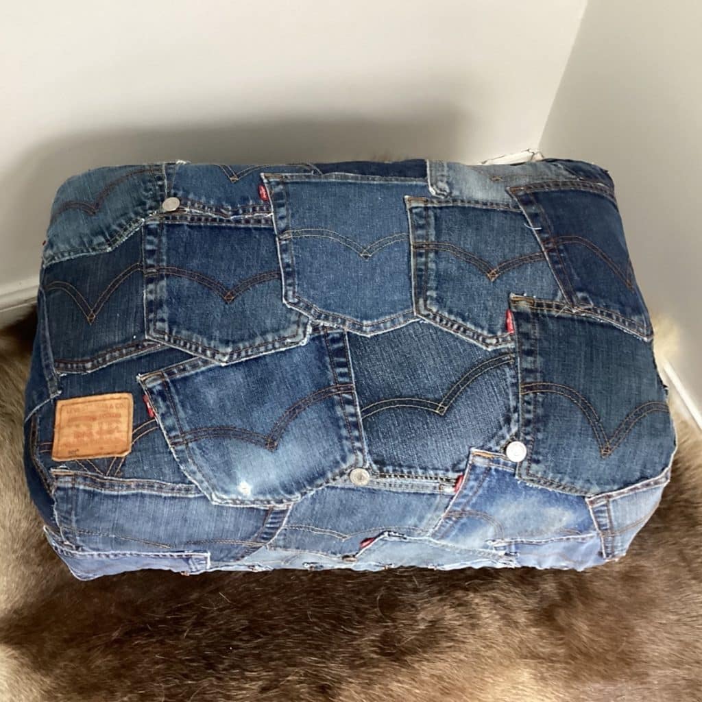 Upcycled Levi's denim footstool | Vintage Levi's Dark Denim Pockets Patchwork