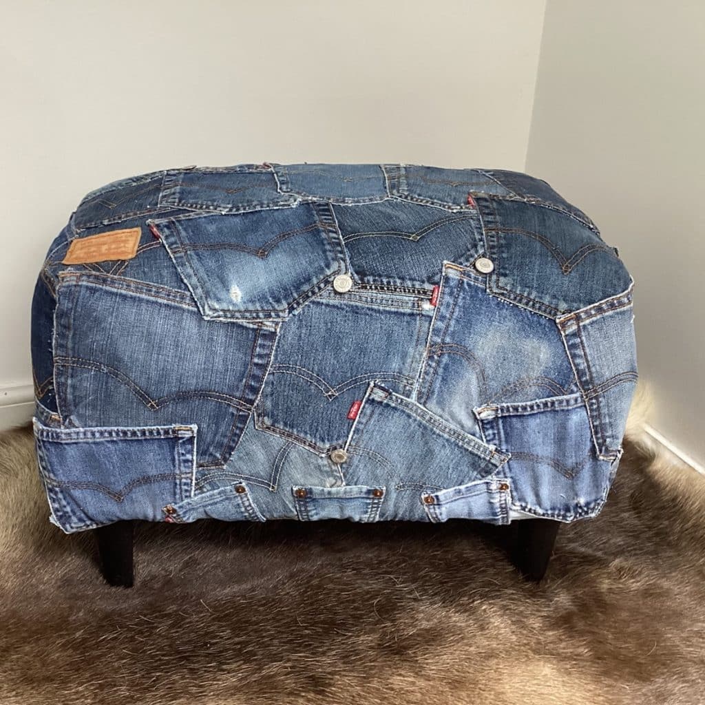 Upcycled Levi's denim footstool | Vintage Levi's Dark Denim Pockets Patchwork