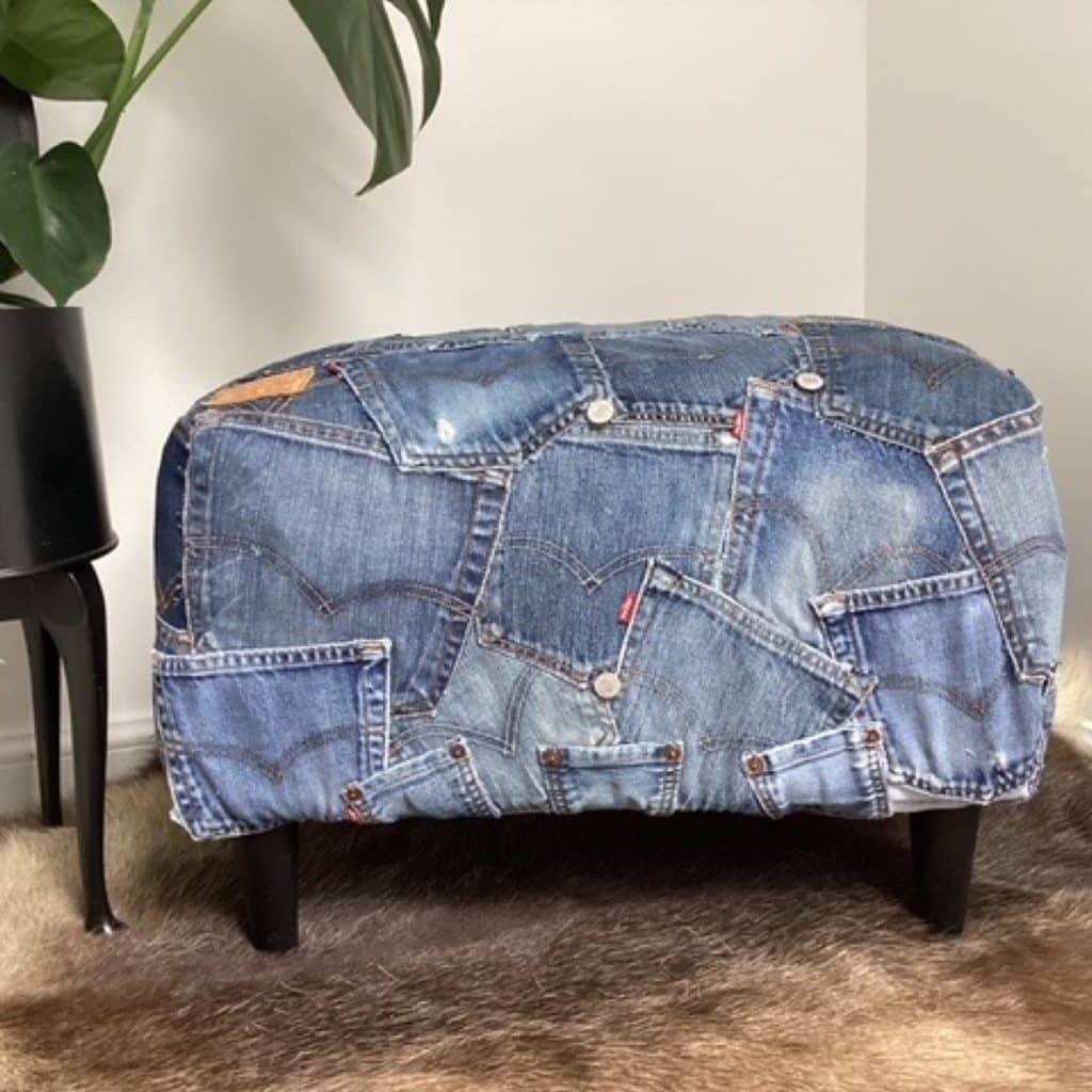Upcycled Levi's denim footstool | Vintage Levi's Dark Denim Pockets Patchwork
