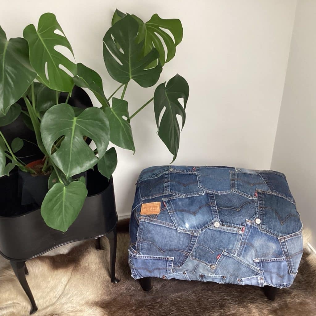 Upcycled Levi's denim footstool | Vintage Levi's Dark Denim Pockets Patchwork