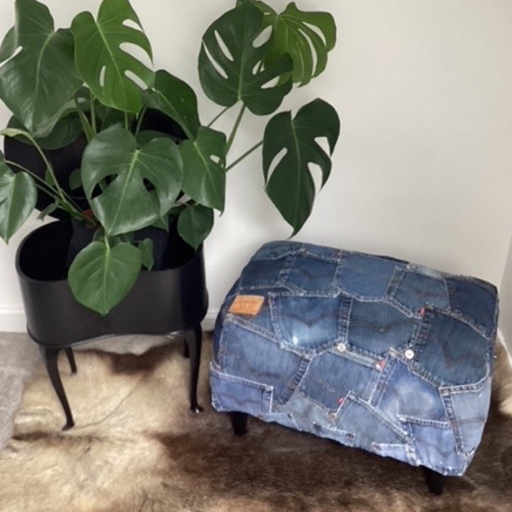 Upcycled Levi's denim footstool | Vintage Levi's Dark Denim Pockets Patchwork