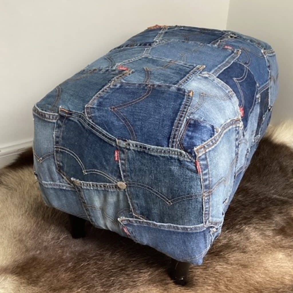 Upcycled Levi's denim footstool | Vintage Levi's Dark Denim Pockets Patchwork