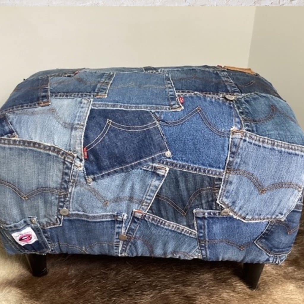Upcycled Levi's denim footstool | Vintage Levi's Dark Denim Pockets Patchwork