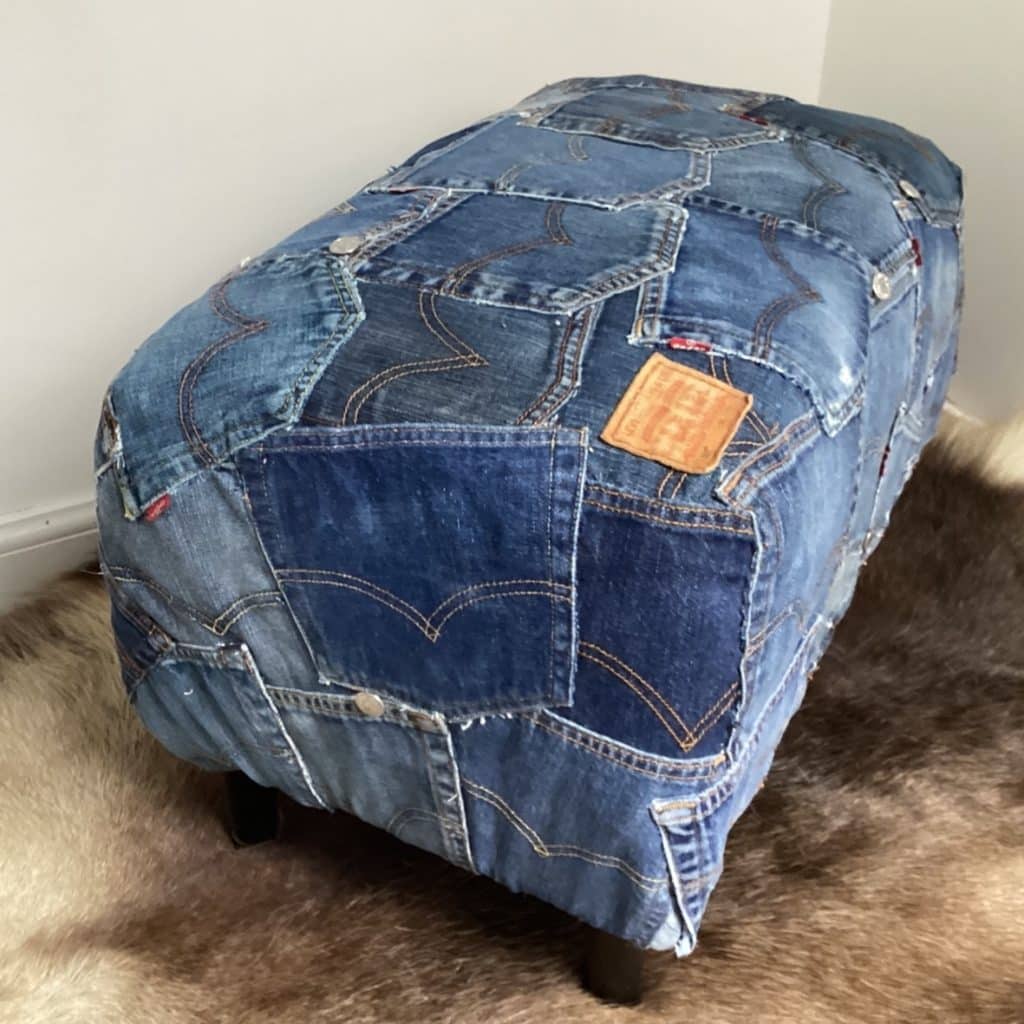 Upcycled Levi's denim footstool | Vintage Levi's Dark Denim Pockets Patchwork