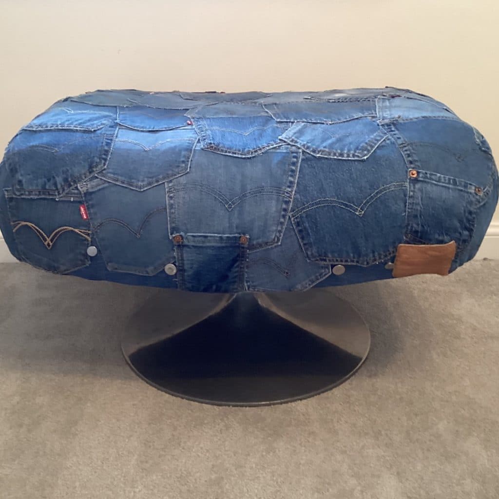 Upcycled Levi's denim footstool | Vintage Swivel stool chair in a patchwork Pockets design