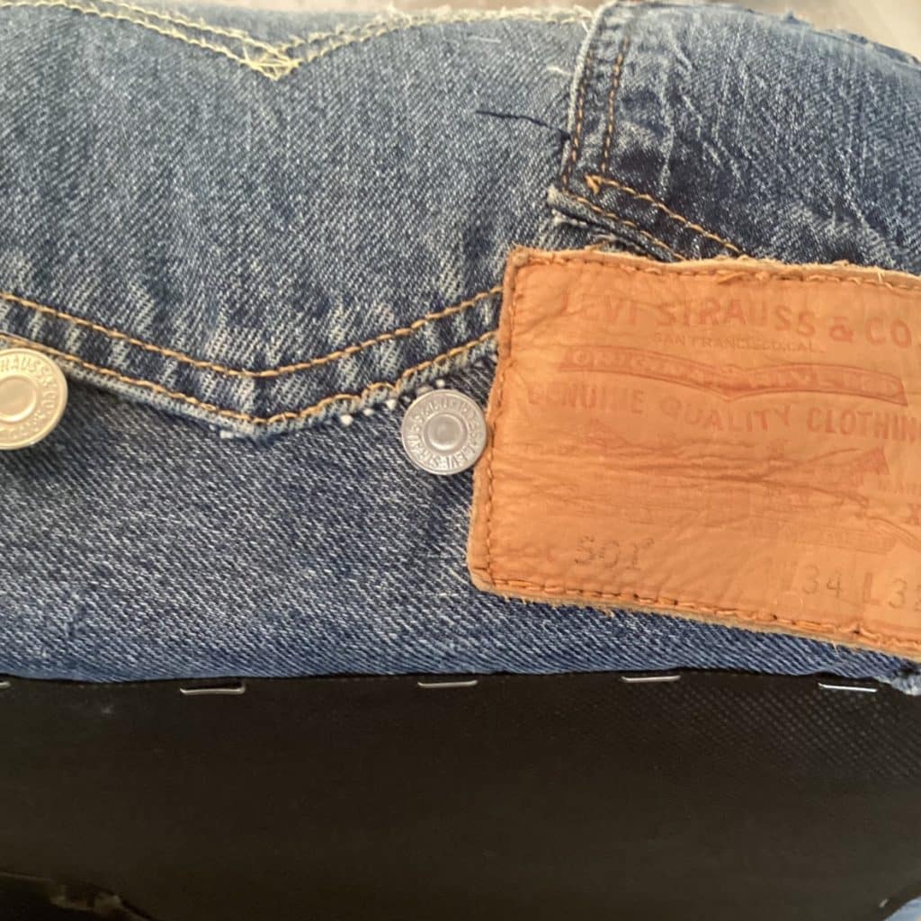 Upcycled Levi's denim footstool | Vintage Swivel stool chair in a patchwork Pockets design