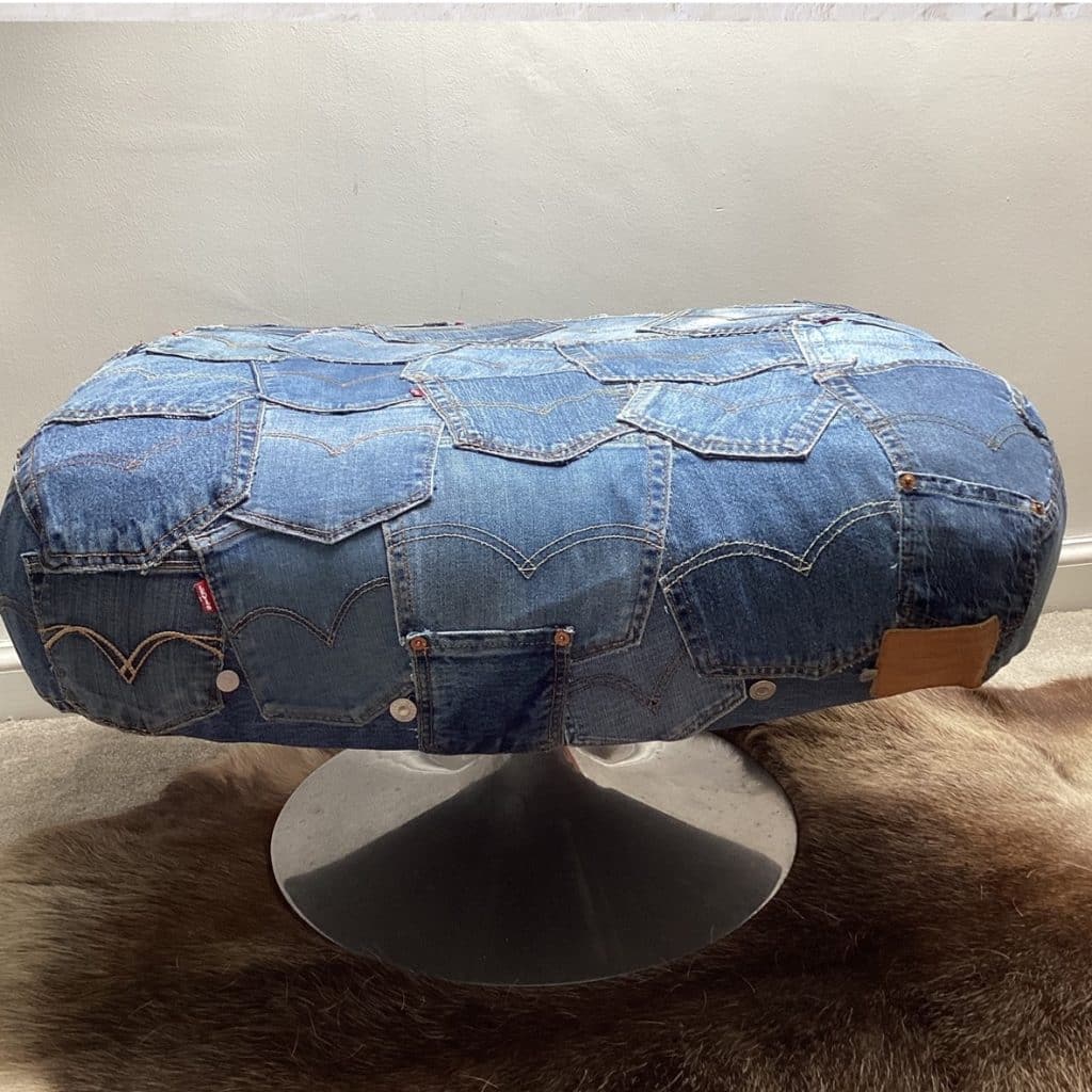 Upcycled Levi's denim footstool | Vintage Swivel stool chair in a patchwork Pockets design