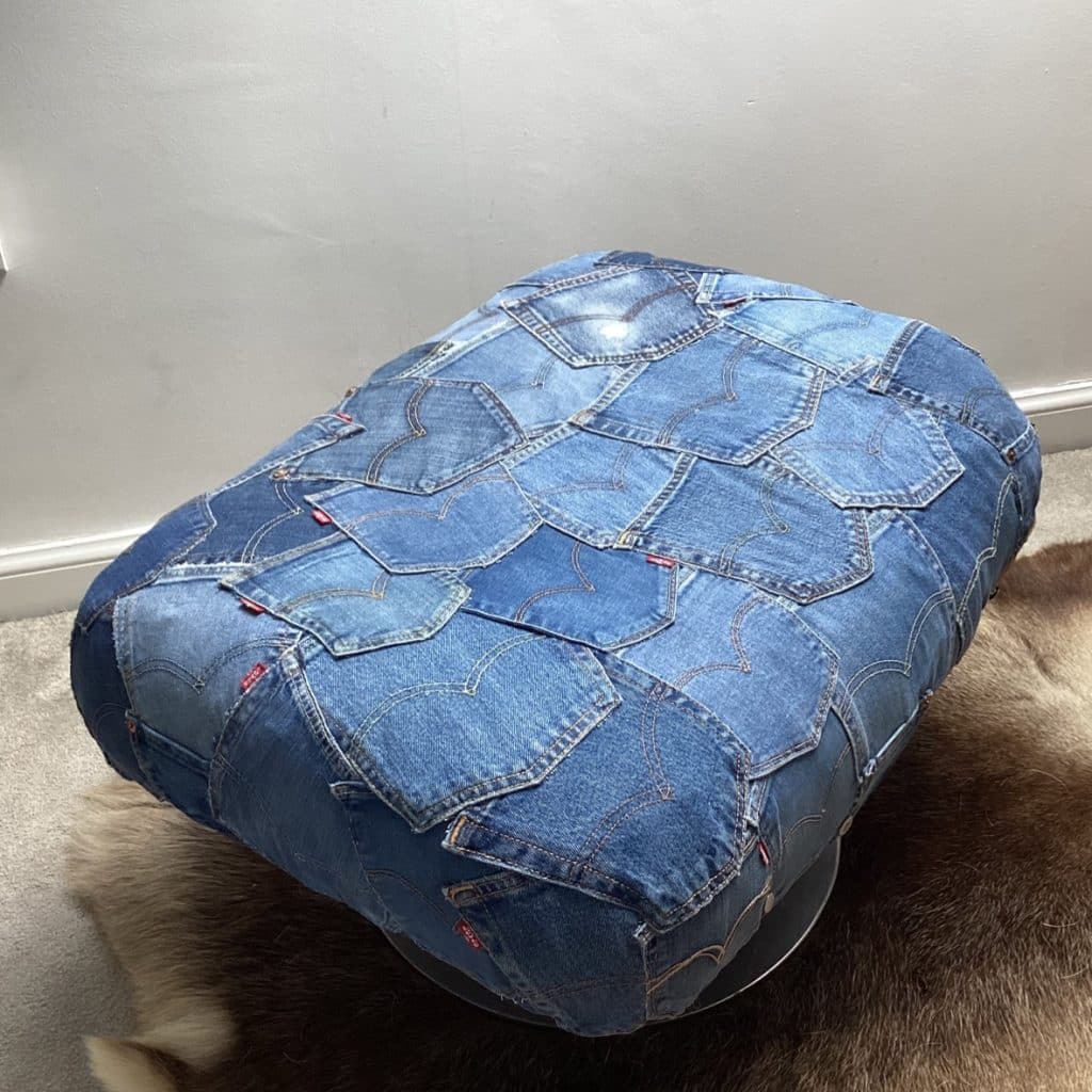 Upcycled Levi's denim footstool | Vintage Swivel stool chair in a patchwork Pockets design