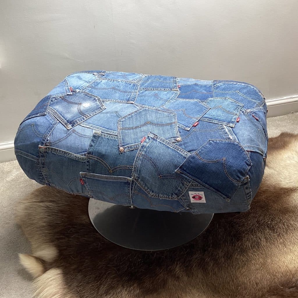 Upcycled Levi's denim footstool | Vintage Swivel stool chair in a patchwork Pockets design