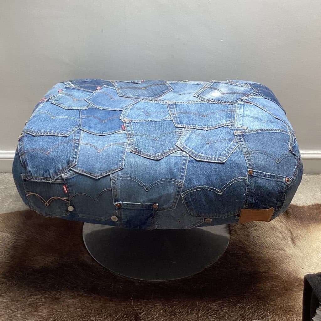 Upcycled Levi's denim footstool | Vintage Swivel stool chair in a patchwork Pockets design