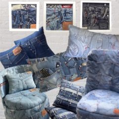 Upcycled Furniture vintage chairs re-upholstered in Levi's denim jeans, handmade Levi's jeans sustainable cushions