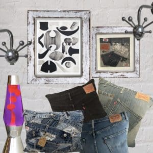 Artisan handcrafting upcycled Levi’s denim cushions in a UK workshop, featuring iconic red tab patch