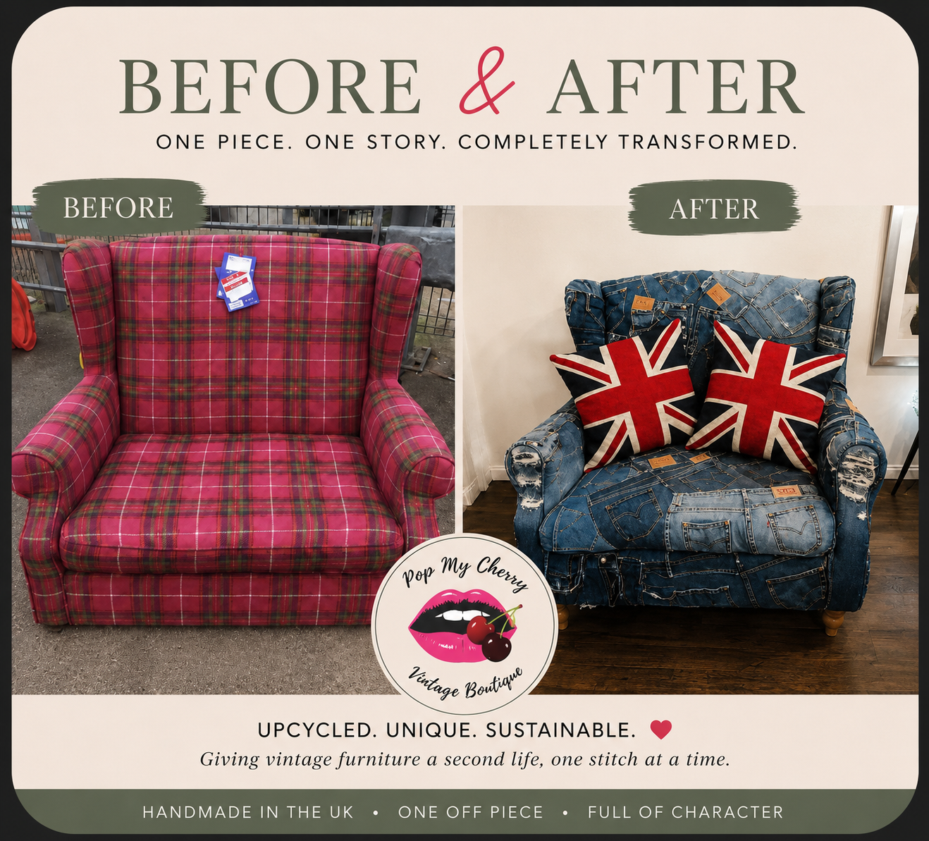 Before and after tartan armchair transformed into Levi's denim statement chair