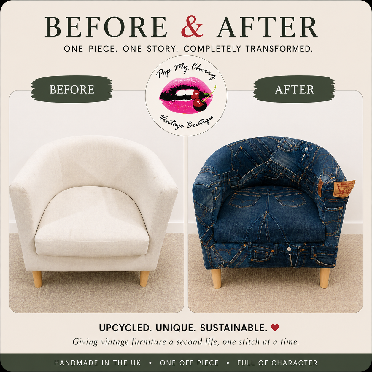 Before and after white tub chair transformed with vintage Levi's denim