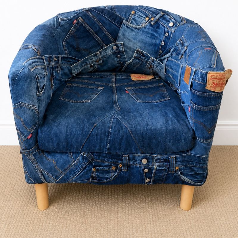 Levi’s Upholstered Tub Chair – Vintage Denim Patchwork Statement Chair
