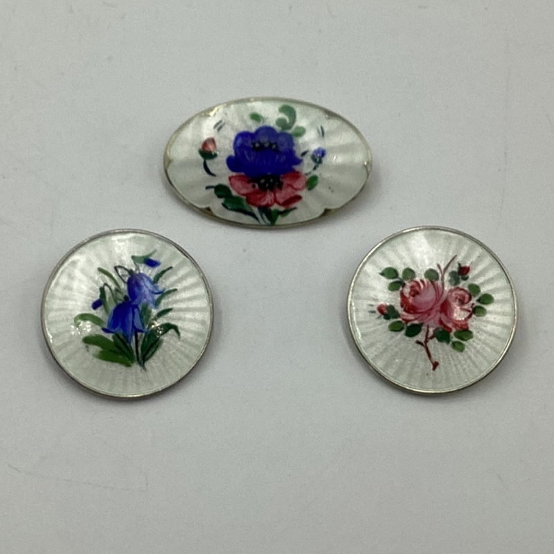 Vintage Norwegian Enamel Brooches Set | Sterling Silver Guilloché Floral Brooches