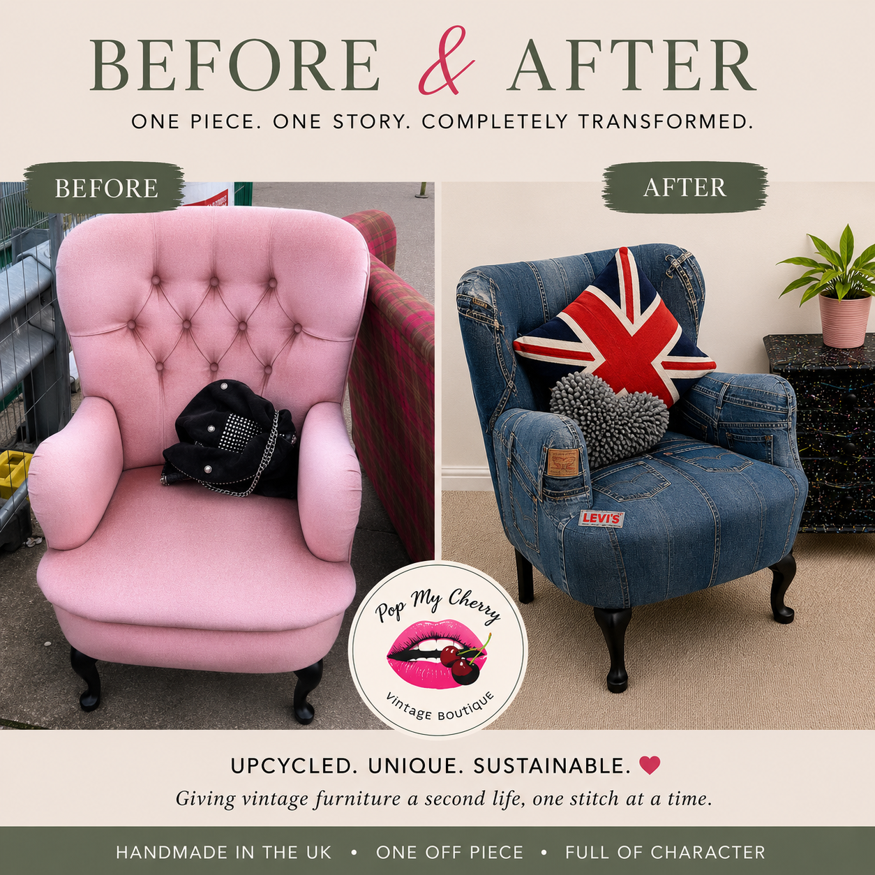 Pink wingback chair transformed into denim lounge chair